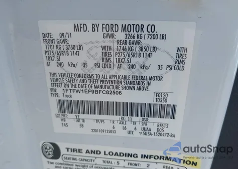 2011 Ford F-150 Fx4 from USA, damaged, VIN 1FTFW1EF9BFC82506